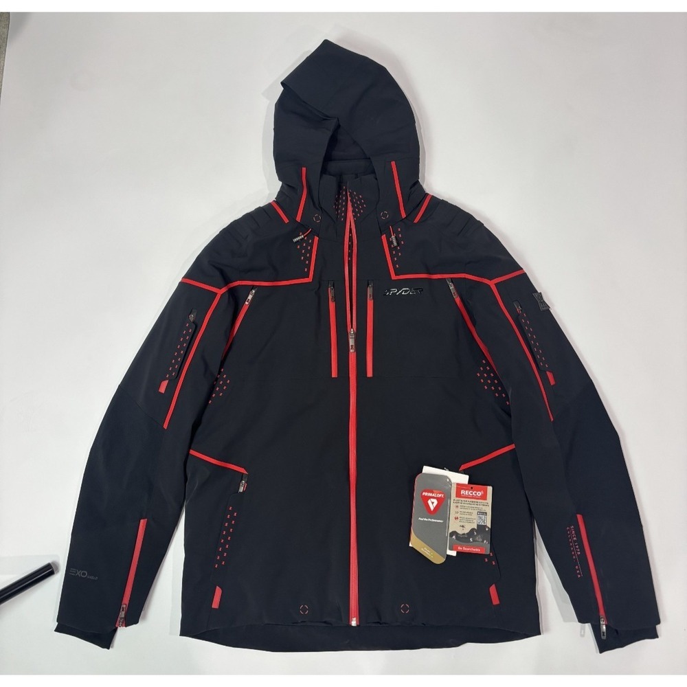 NWT Spyder Mens Black and Red Hooded Pinnacle Ski Jacket LGwith RECCO Technology